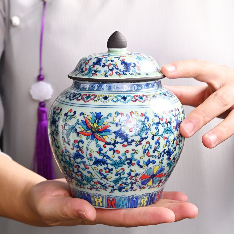 中式茶叶罐陶瓷宫廷风斗彩将军罐红茶绿茶储存罐小号防潮密封罐
