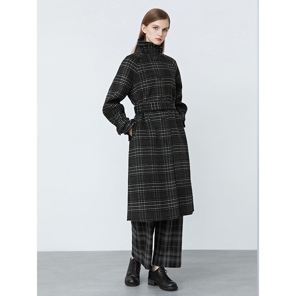 sdeer格纹立领收腰毛呢大衣S20481867