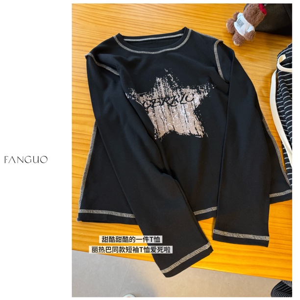 迪丽热巴同款ce*c酷女孩磨毛复古星星显瘦正肩长袖T恤B4175