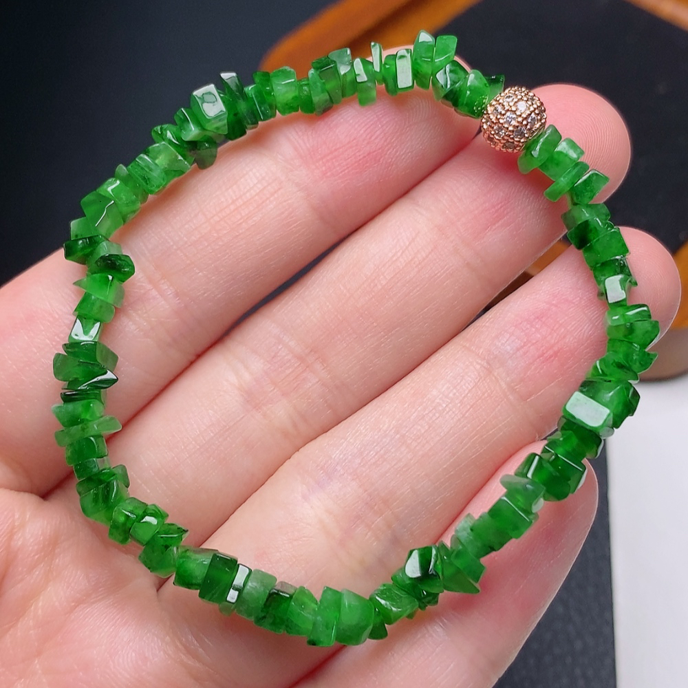 缅甸天然a货翡翠冰种辣绿随形岁岁平安手链卡4-5mm绿色编织精美