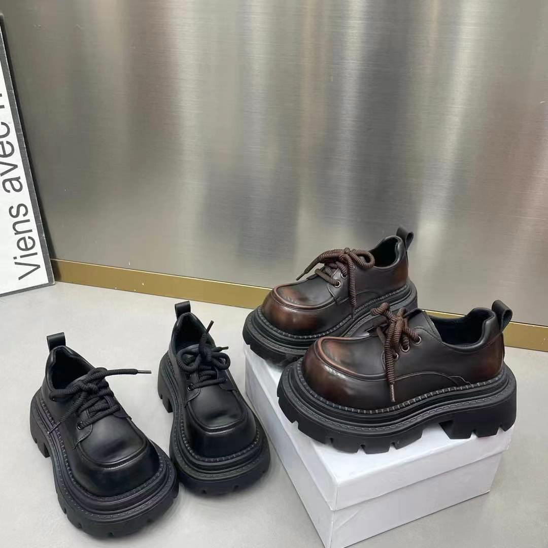 【8公分】粗跟乐福鞋女冬季新款圆头皮面系带时尚高跟擦色小皮鞋