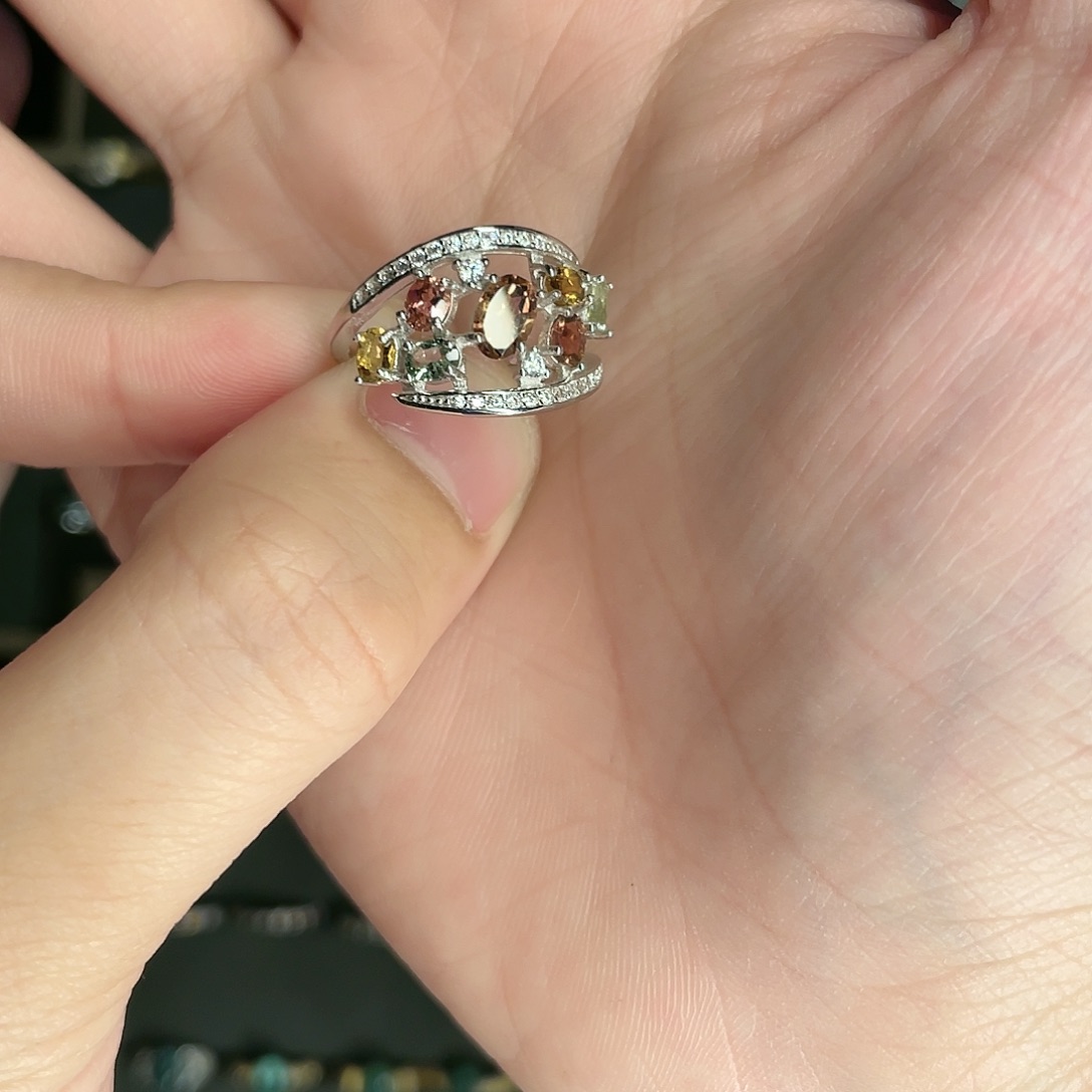 碧玺戒指银S925镶嵌天然