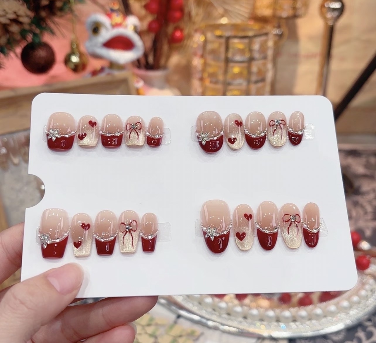 手工红色系蝴蝶结美甲片