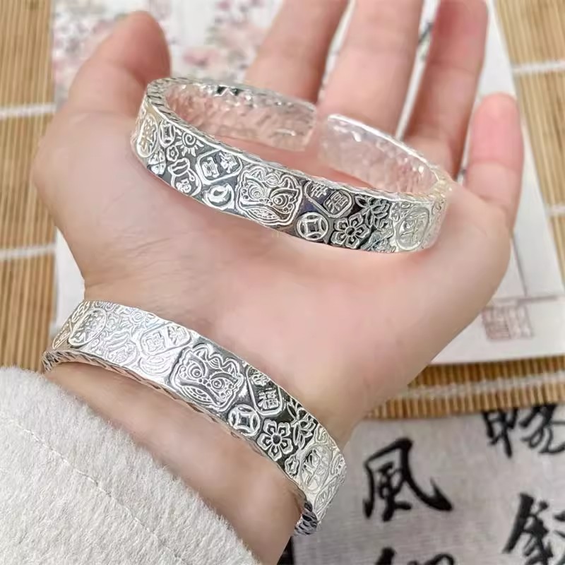 三面吉言银手镯男女实心开口纯手工招财猫999.9银镯子