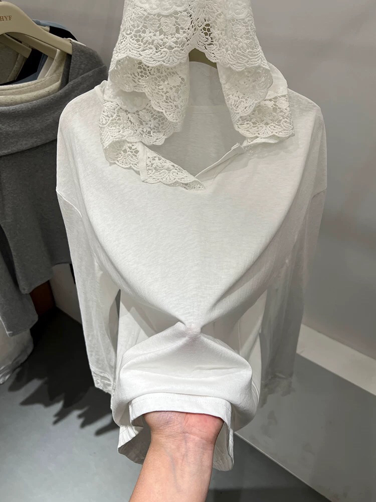 【海南简爱】蕾丝连帽拼接上衣慵懒风设计T桖 1655