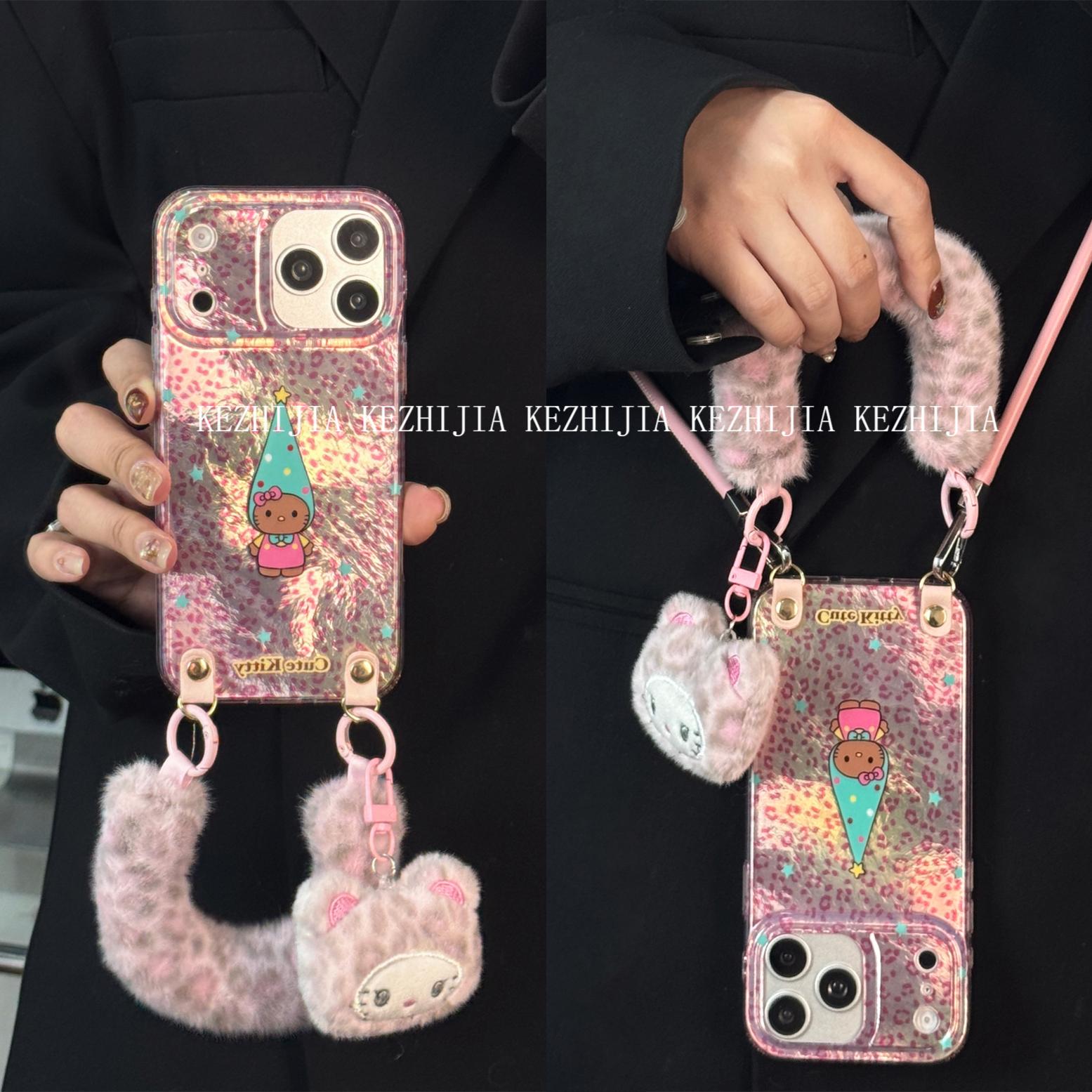 【壳之】粉豹纹波点长帽黑皮KT适用苹果17/16/15/14Promax/13手机壳