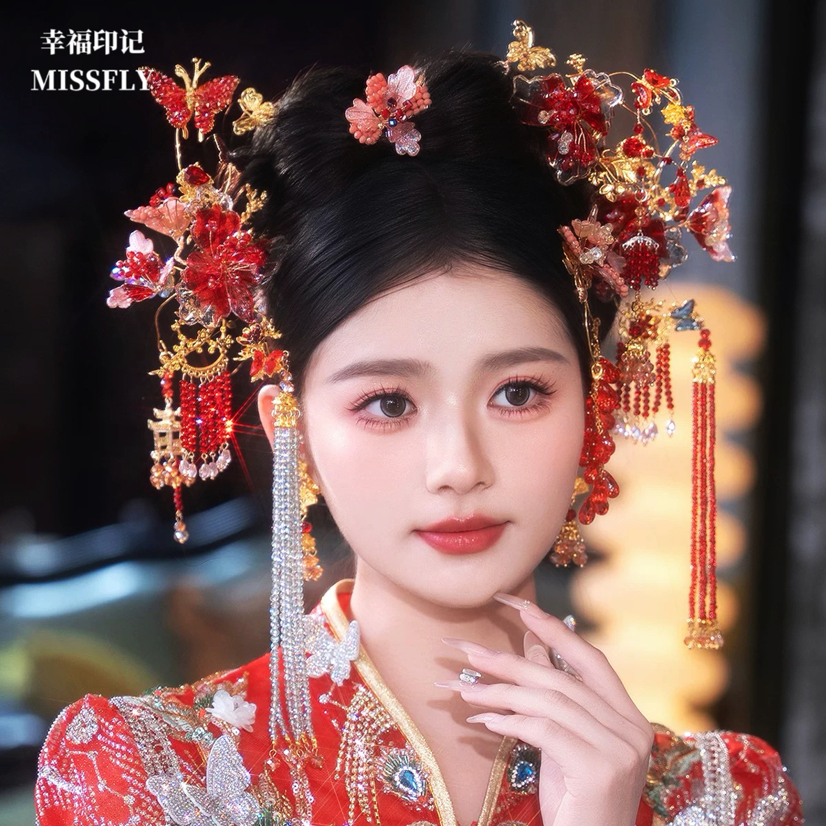 金红色秀禾头饰新娘新中式旗袍马面裙发饰分体套装减龄水凝花朵