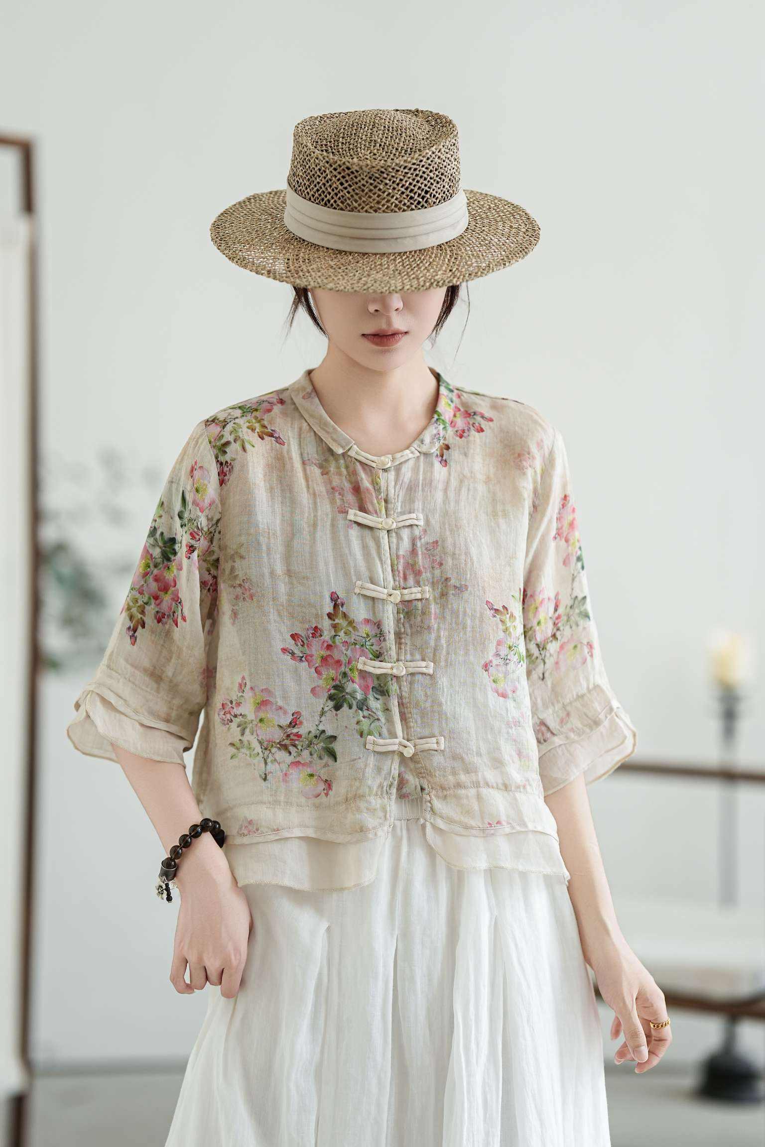 【100%苎麻】2025夏季新款印花复古衬衫新中式显瘦小衫气质国风上衣