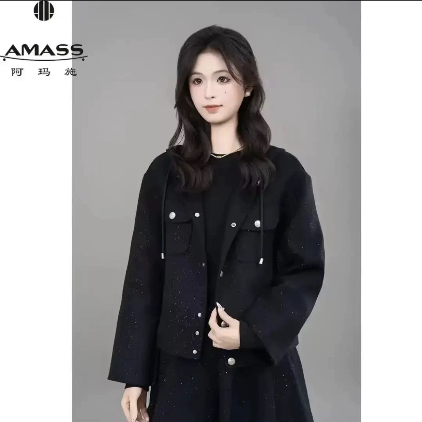 阿玛施【官方正品】秋冬新款复古小香风连帽百搭短款外套5400883