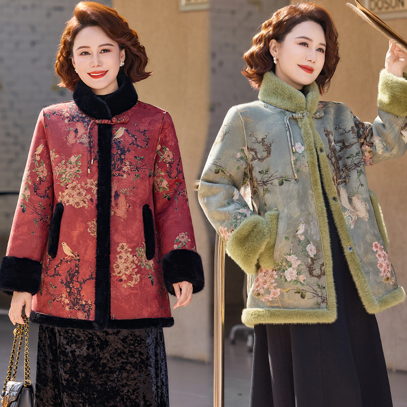 中国风纽扣妈妈装秋冬加绒加厚保暖厚外套中老年人棉袄洋气冬装