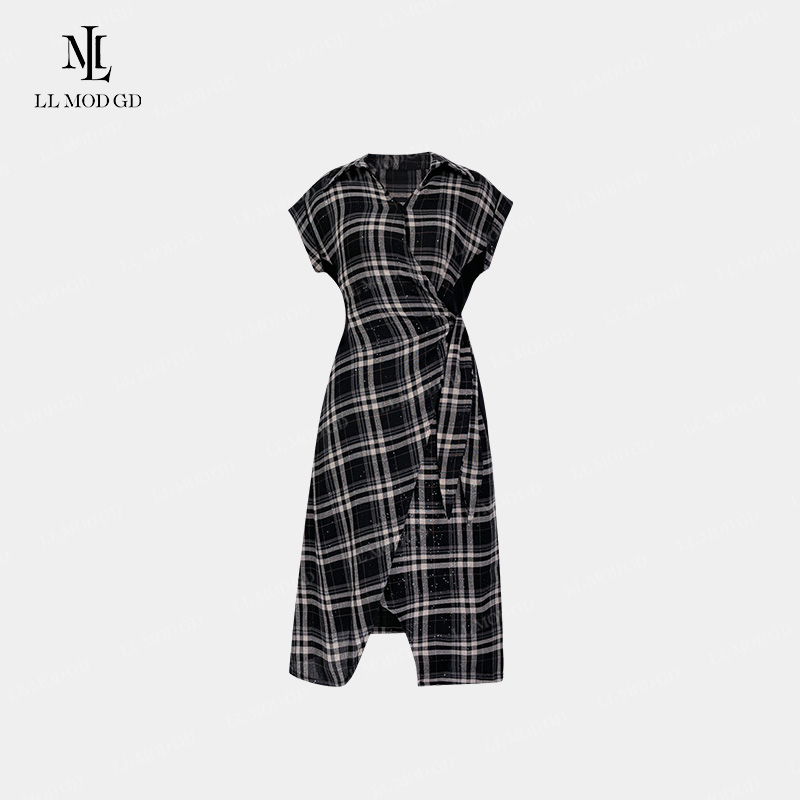 格调甄选 时尚减龄格纹绑带亚麻连衣裙复古优雅显瘦百搭XR-262100