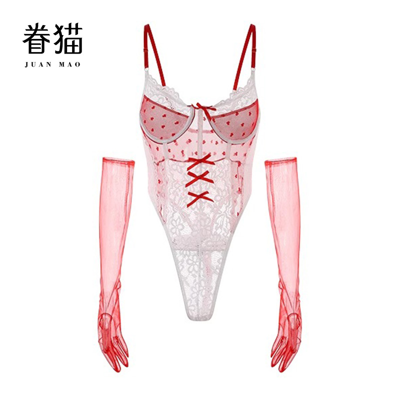 眷猫JM0592修身显瘦纯欲睡衣甜美波点爱心蕾丝边连体衣