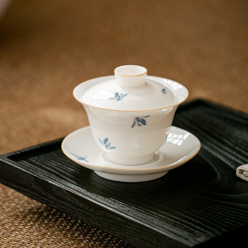 手绘兰花白瓷盖碗茶杯单个三才泡茶碗陶瓷功夫茶具套装泡茶杯批发
