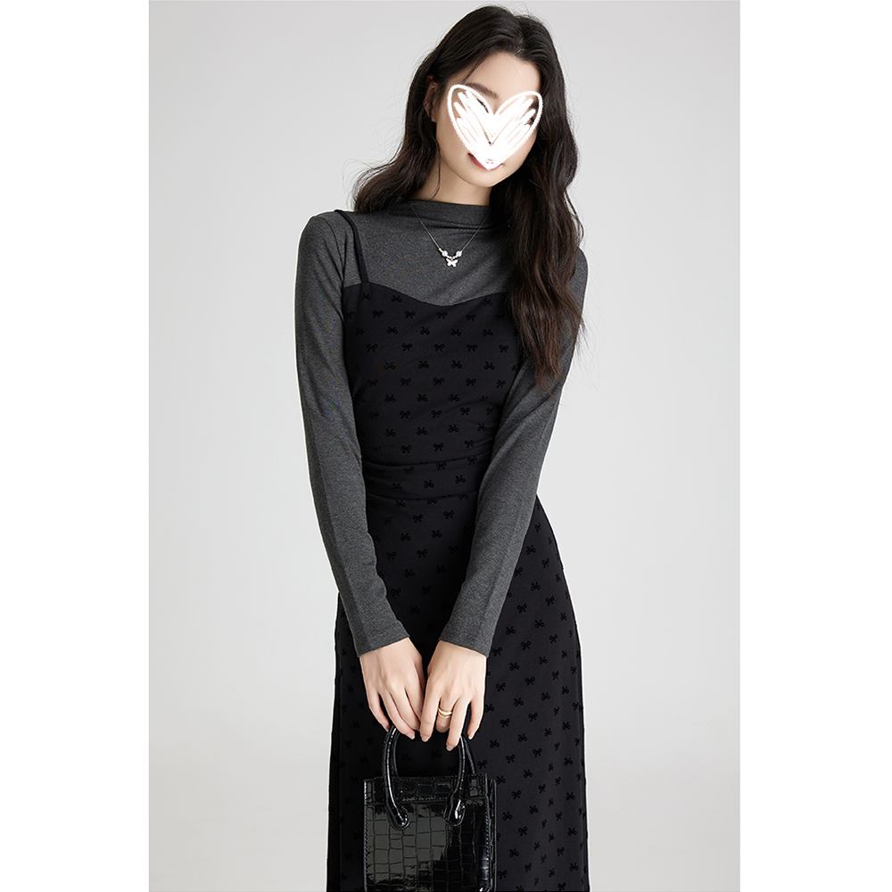 秋季假俩件半高领长袖针织连衣裙显瘦气质千金清冷感贵系衣服长裙