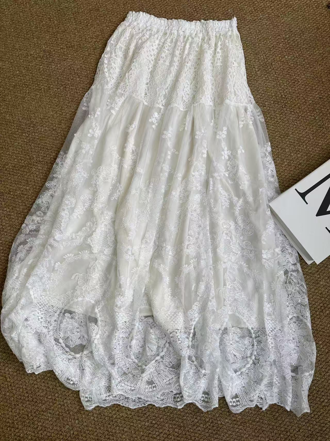 深圳南油白桃美美 白色蕾丝半身裙女夏季新款显瘦高腰长裙 A2841