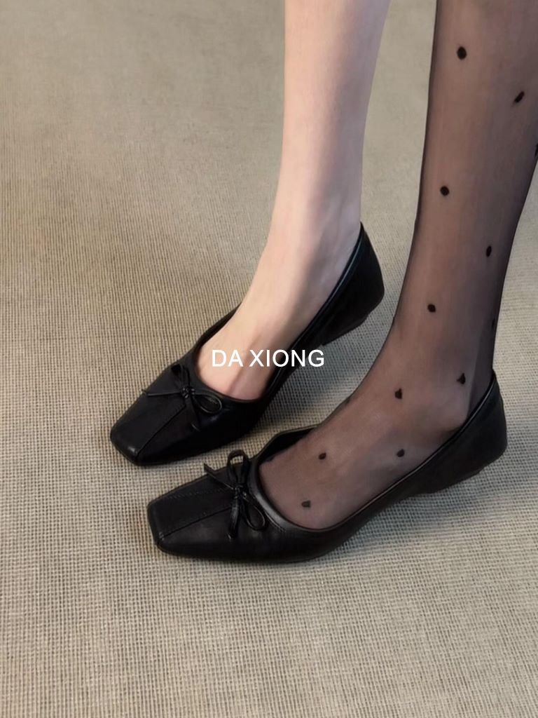 超软版~显瘦蝴蝶结方头浅口粗跟芭蕾鞋女温柔通勤一脚蹬乐福单鞋商品图