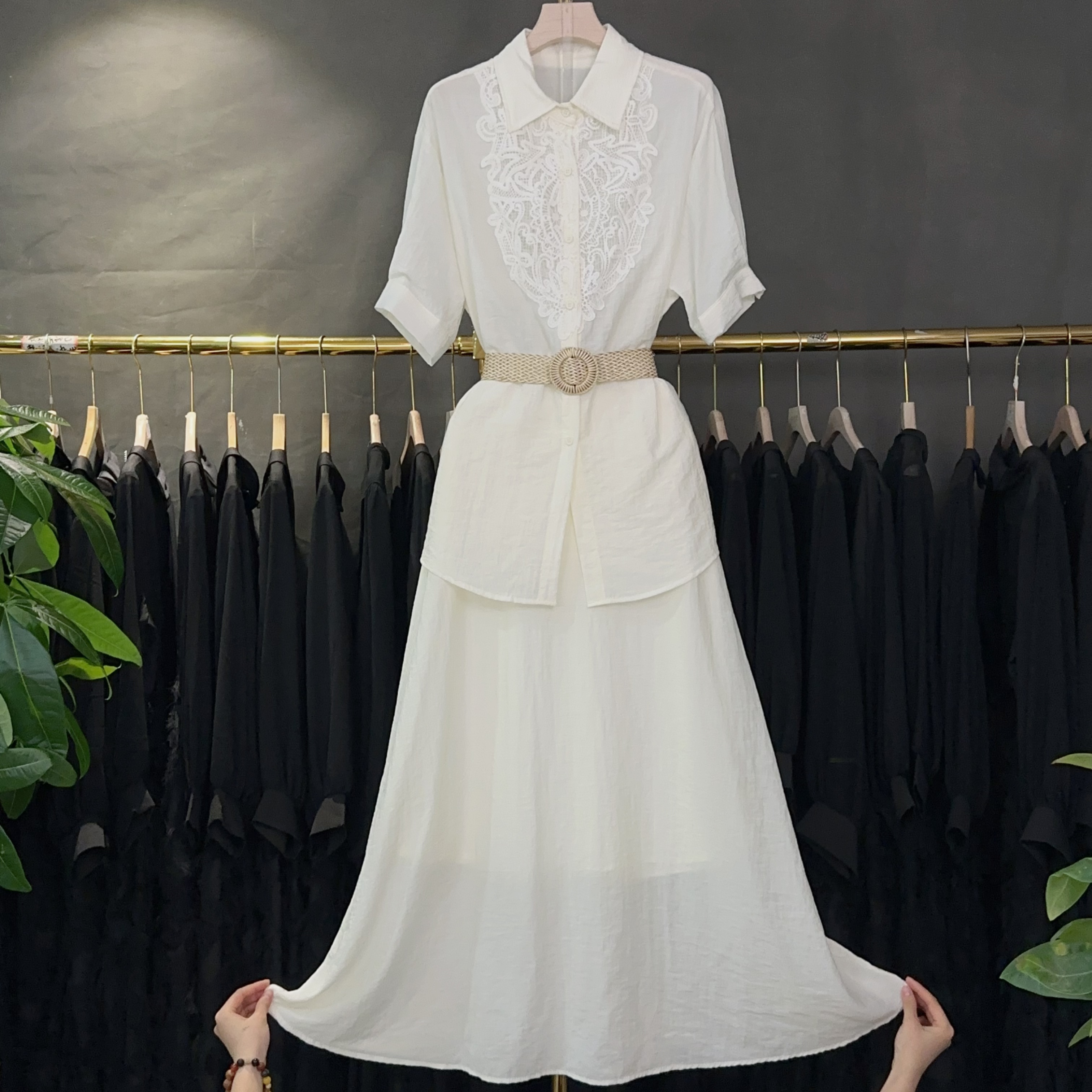 Y8028夏季新款女装衬衣套装短袖上衣设计感慵懒风半裙两件套