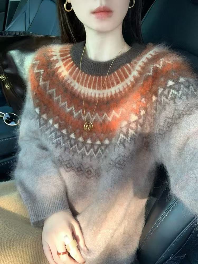 圆领费尔岛~100纯羊毛《衣长60胸围56》拉绒工艺毛衣FF47