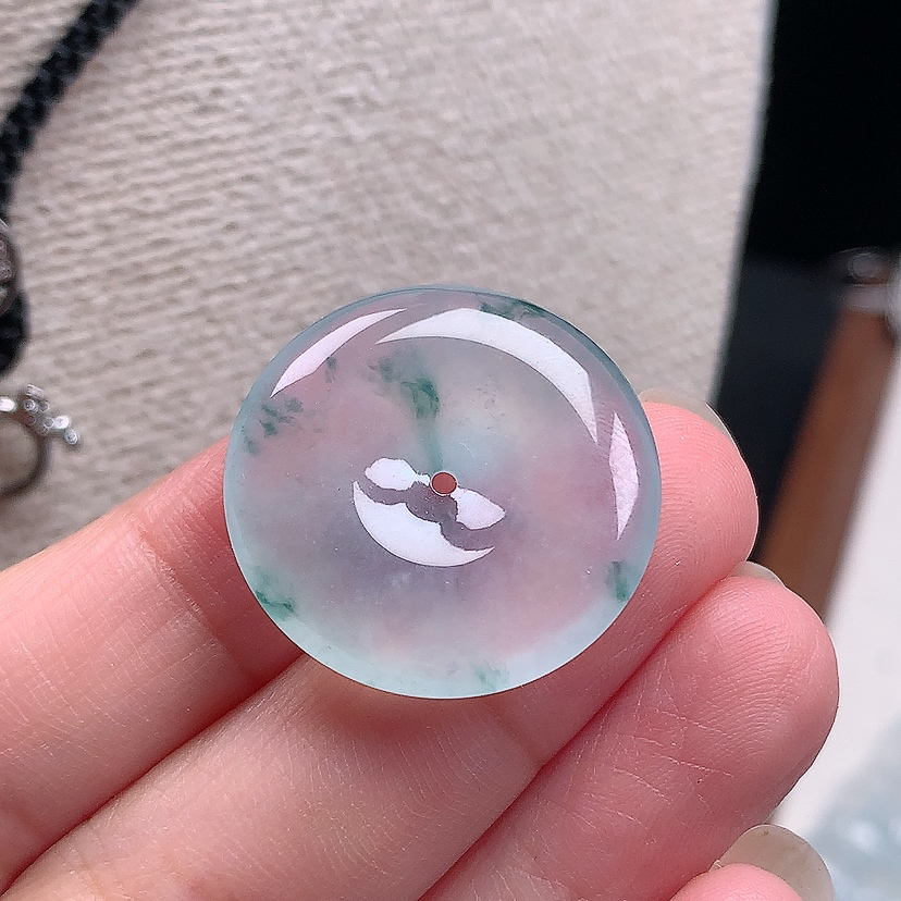 缅甸天然翡翠A货玉石高冰飘蓝花平安扣吊坠饰品百搭24.6*4.5mm