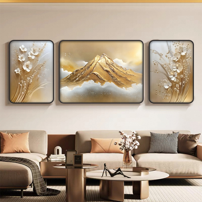K126日照金山客厅装饰画轻奢沙发背景墙金色挂画三联画2145捡漏6