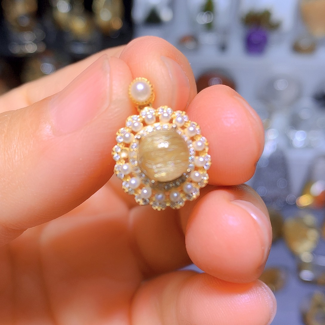 水晶吊坠银S925镀金镶嵌天然水晶