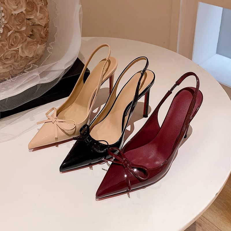 包头凉鞋2025春夏新款蝴蝶结红底后空高跟鞋仙女百搭浅口细跟女鞋