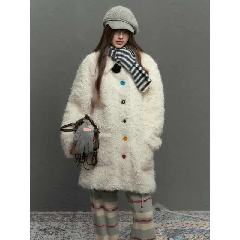 NECY 【游乐园】原创彩色纽扣羊羔绒外套撞色设计冬季毛绒厚外套