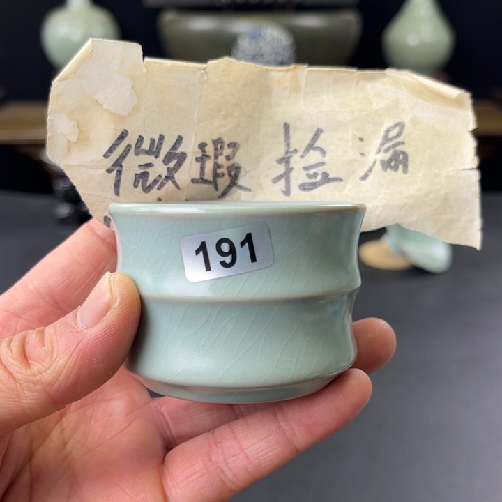 杯仿古釉汝官窑竹节杯191号微瑕捡漏