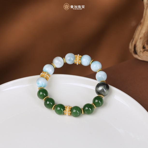 壹加师姐|手工设计水木组合大漆海纹石多宝手串多样性发一7234N