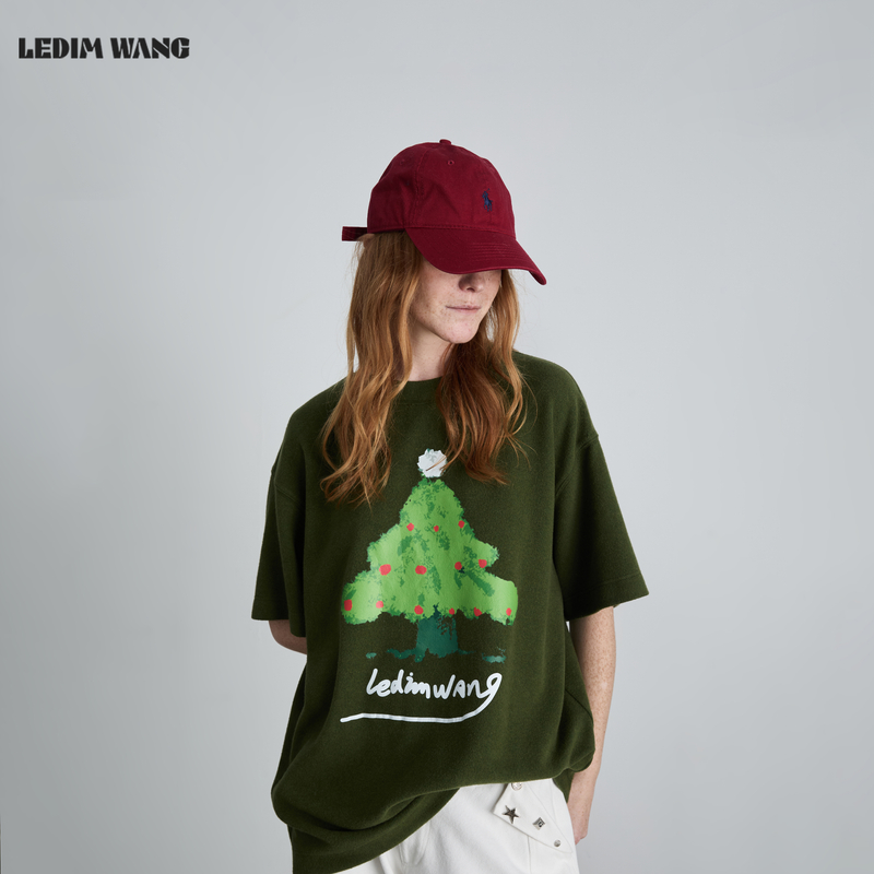 LEDIM WANG【张晚意同款】羊毛短袖T恤女25冬新款绿色新年宽松上衣