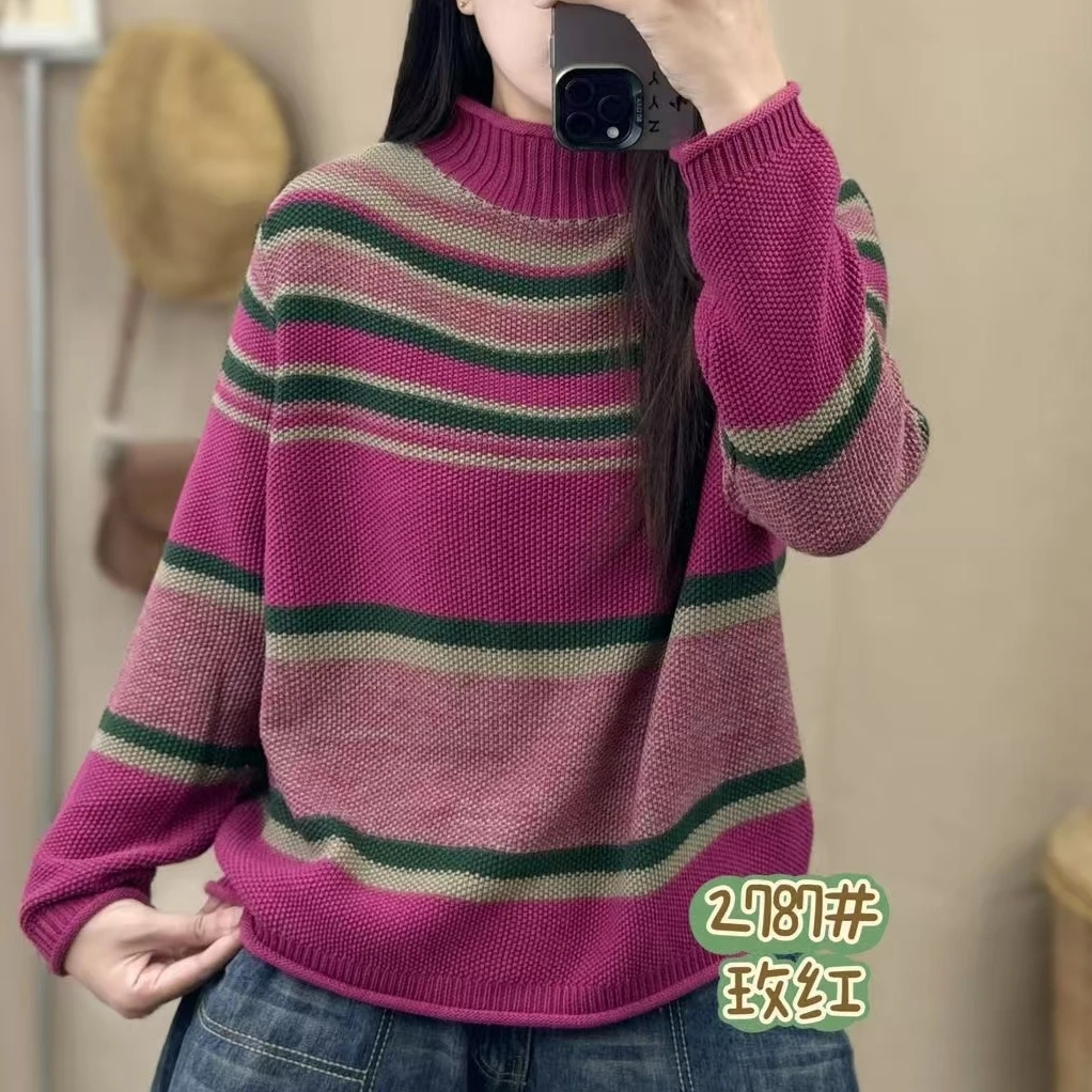 2787厚款宽松休闲百搭棉线彩虹条纹针织衫