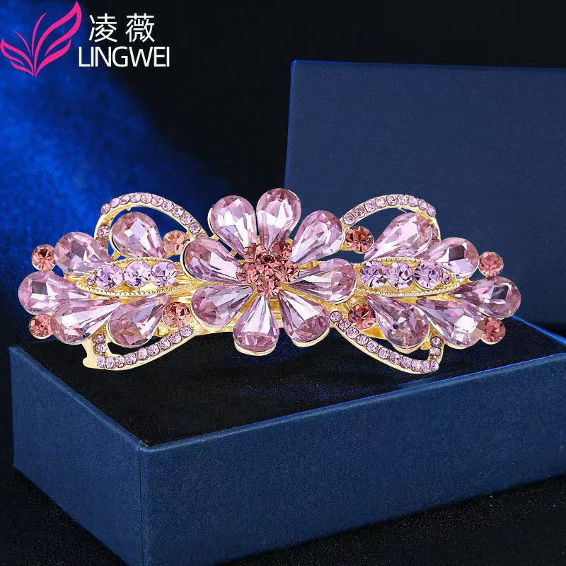 韩版发饰新款水晶后脑勺盘发大号弹簧夹气质简约女式发夹盘发顶夹