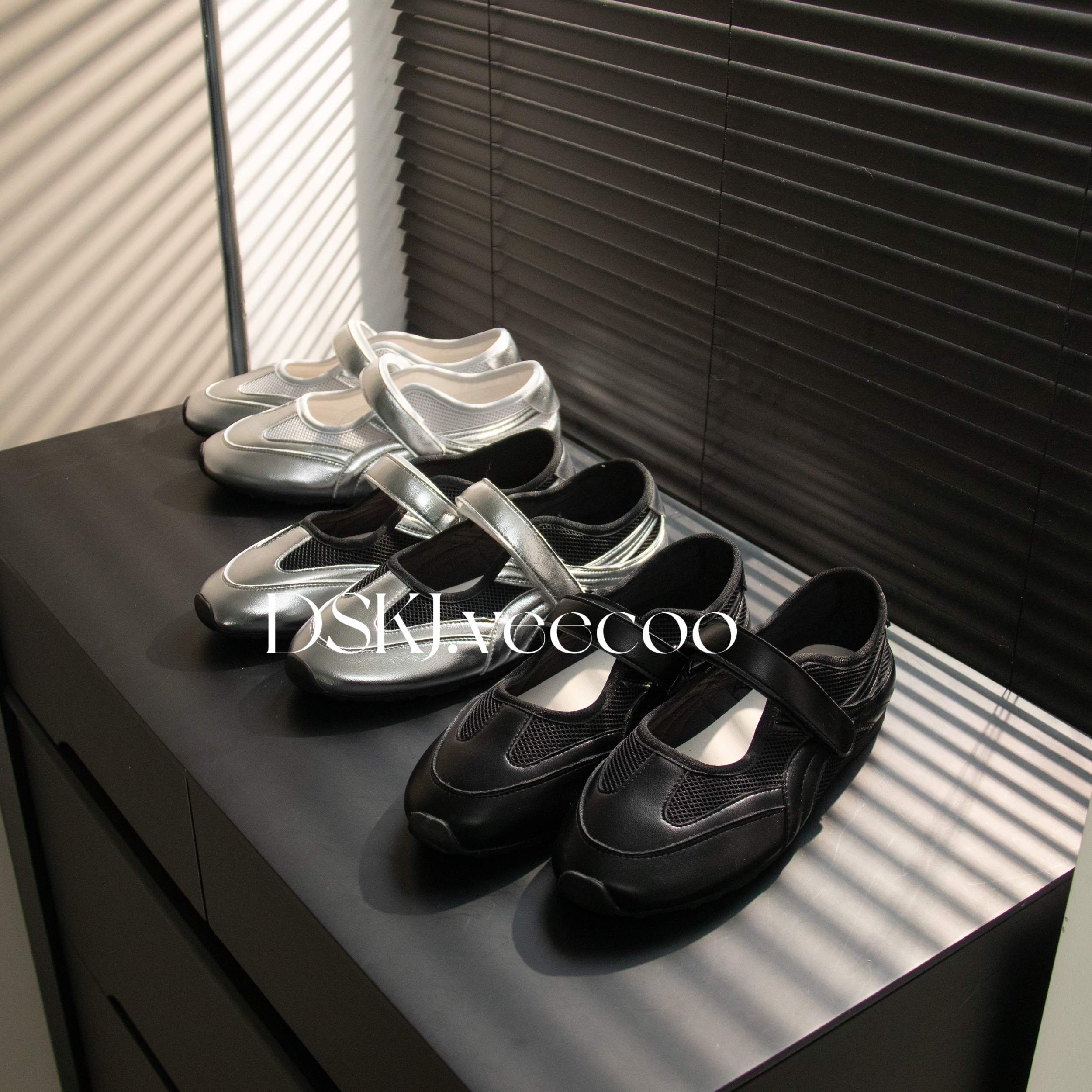 625银色玛丽珍鞋魔术贴设计网面透气单鞋夏季新款