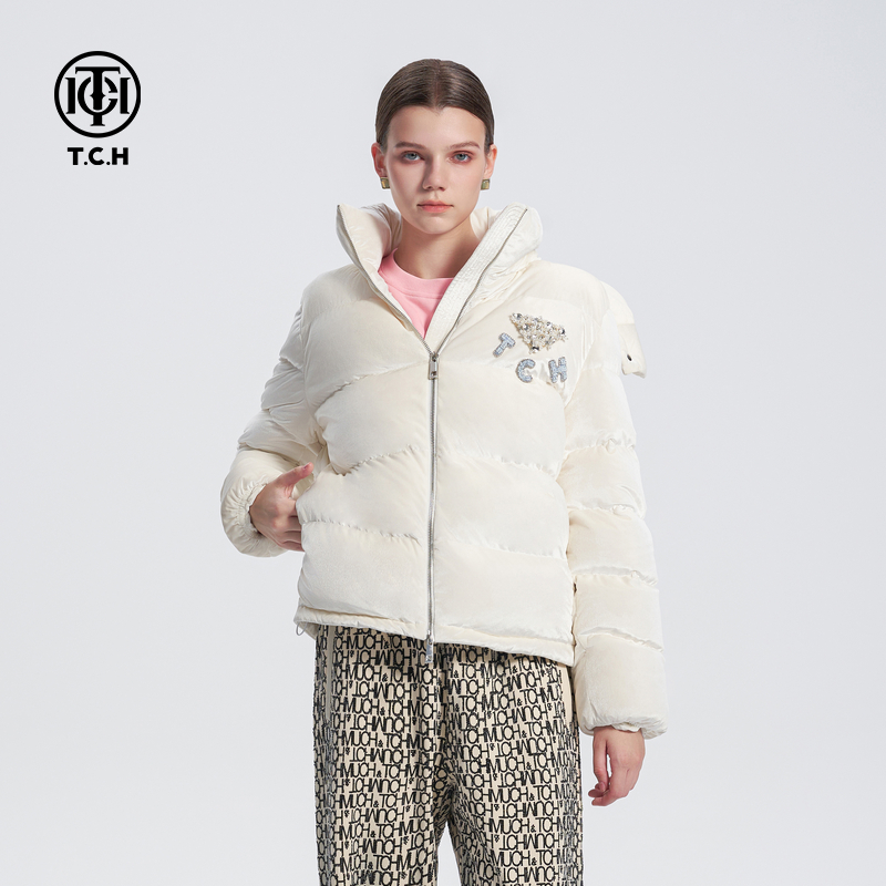TCH白鸭绒羽绒服新款洋气磨毛保暖丝绒连帽衣服外套T72D198018