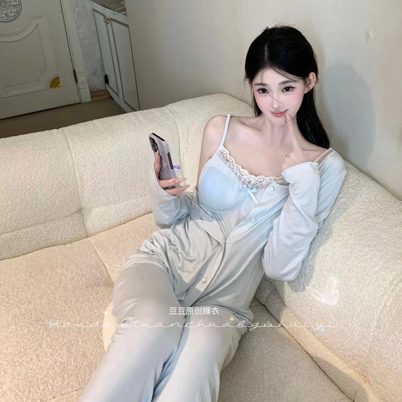 1豆【海棠花】纯欲风纯色秋冬三件套显白家居服时尚睡衣女法式