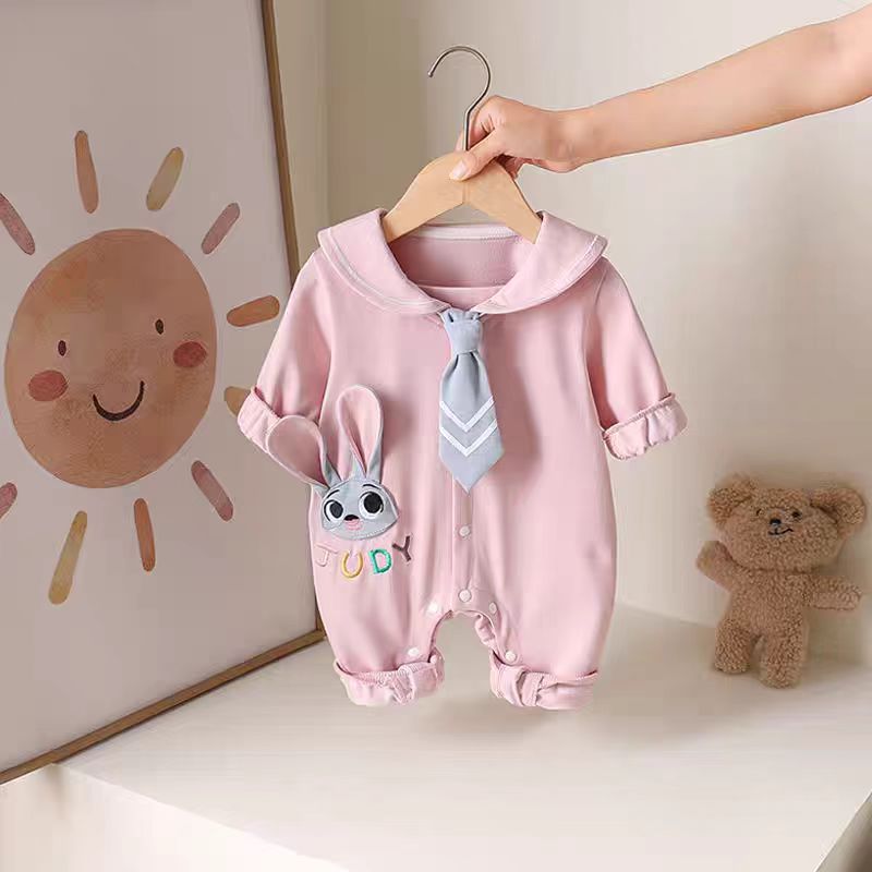 婴儿衣服春秋纯棉连体女宝宝兔子警官可爱海军领哈衣洋气外出爬服