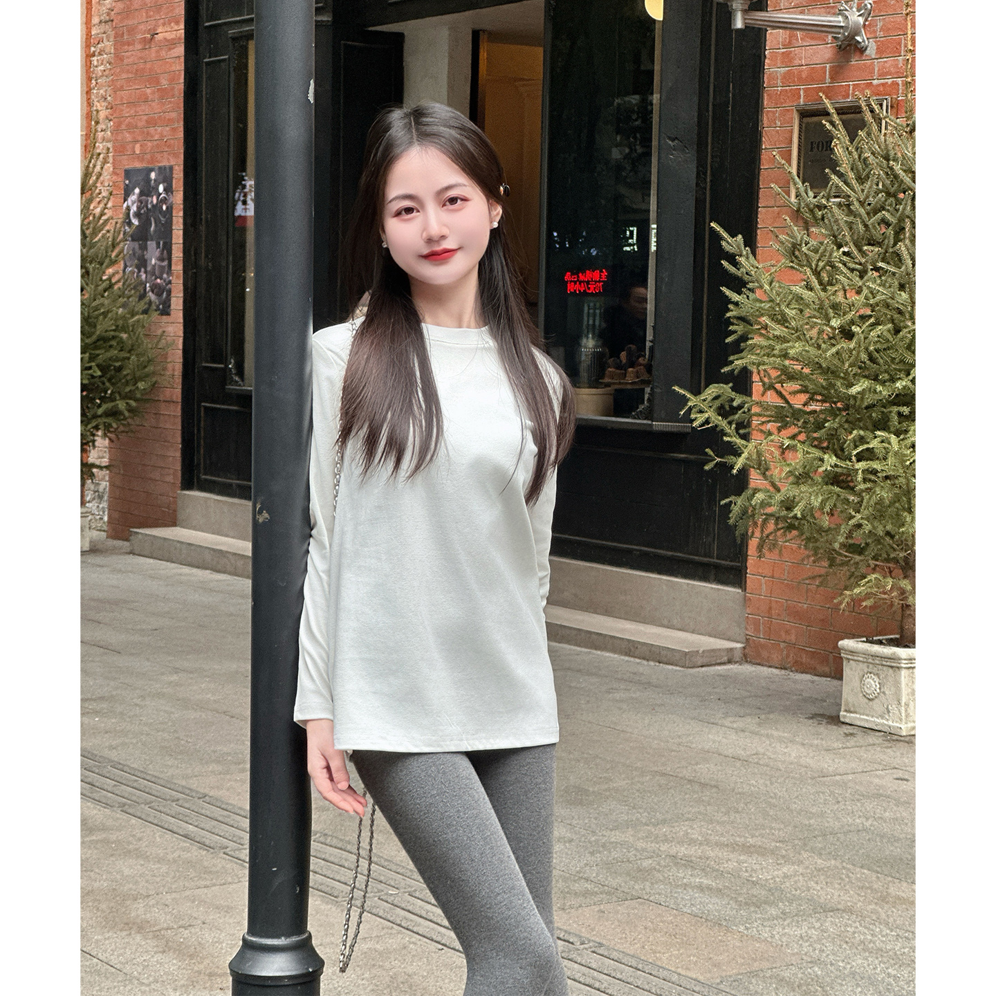 【大白T】小娜椒小个子冬季简约中长款纸片人宽松上衣百搭叠穿T恤女