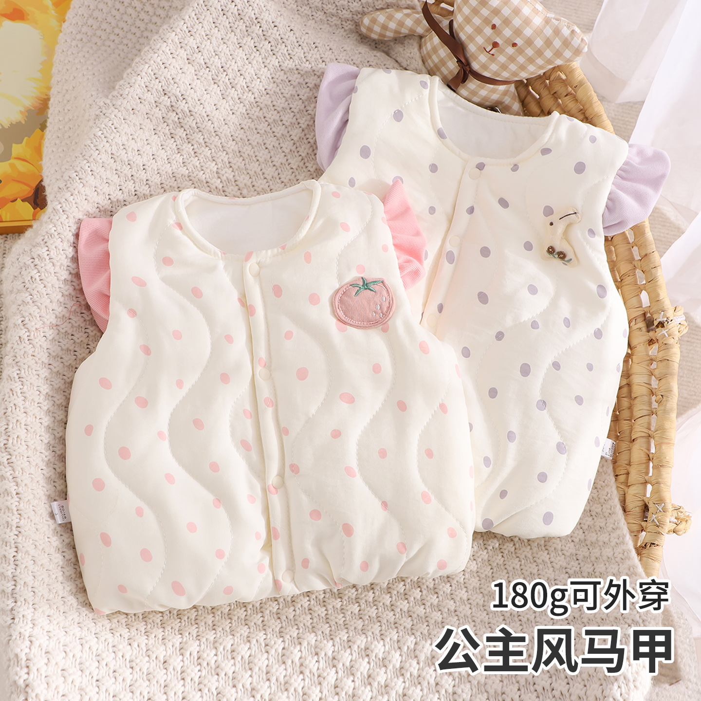 婴儿秋冬韩版甜美卡通圆点春秋女A类马甲女宝加厚宝宝外穿保暖