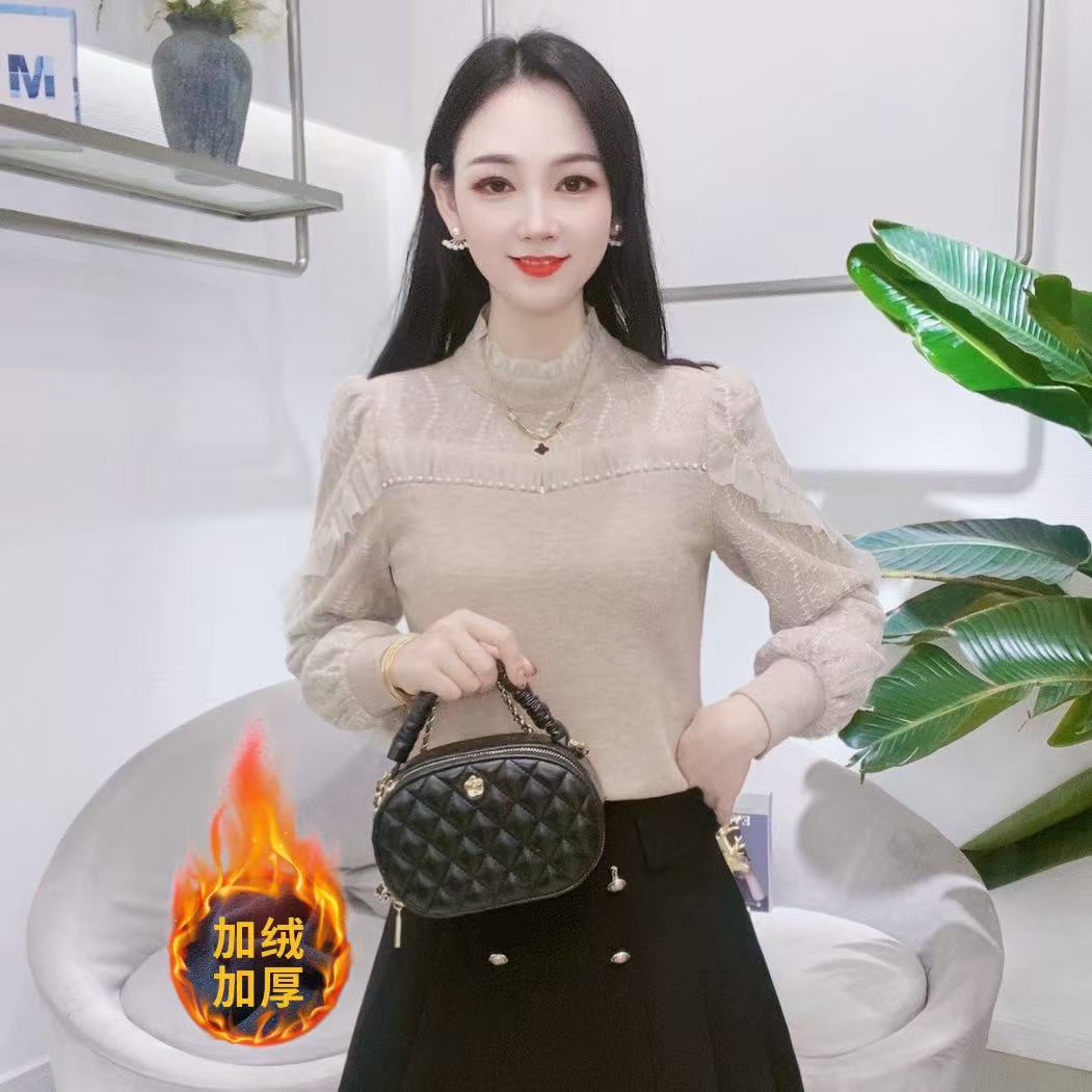 晴A7362针织打底衫女冬季泡泡袖拼接洋气小衫荷叶边上衣