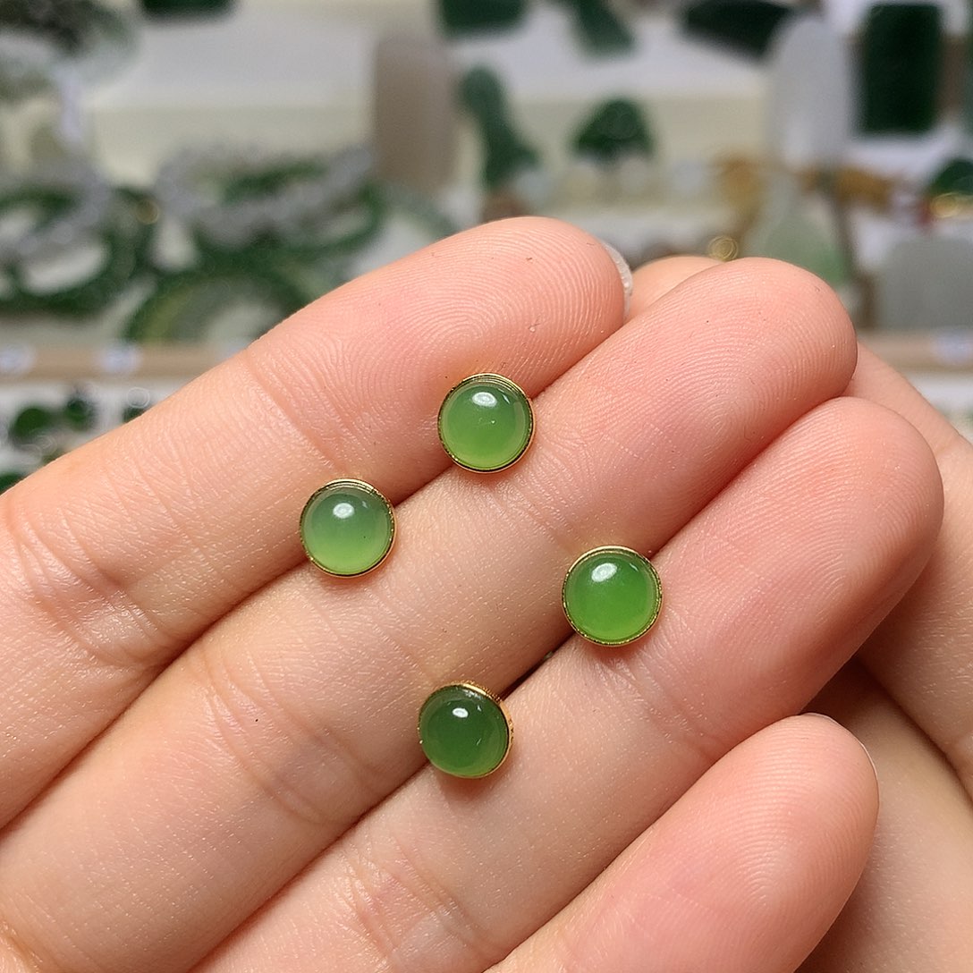 银S925镀金镶嵌和田玉（碧玉）耳饰