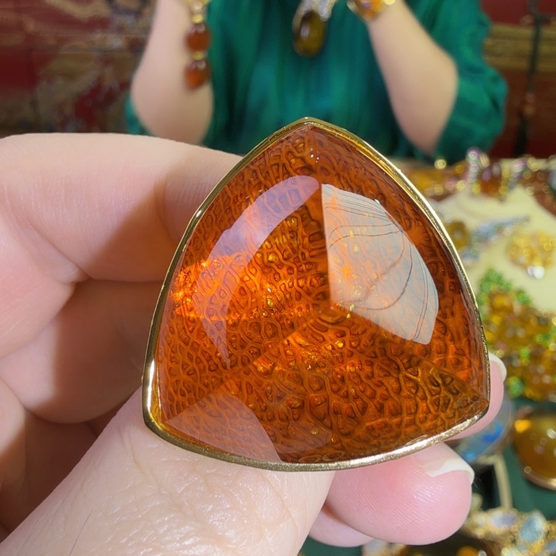 琥珀银S925镀金镶嵌戒指