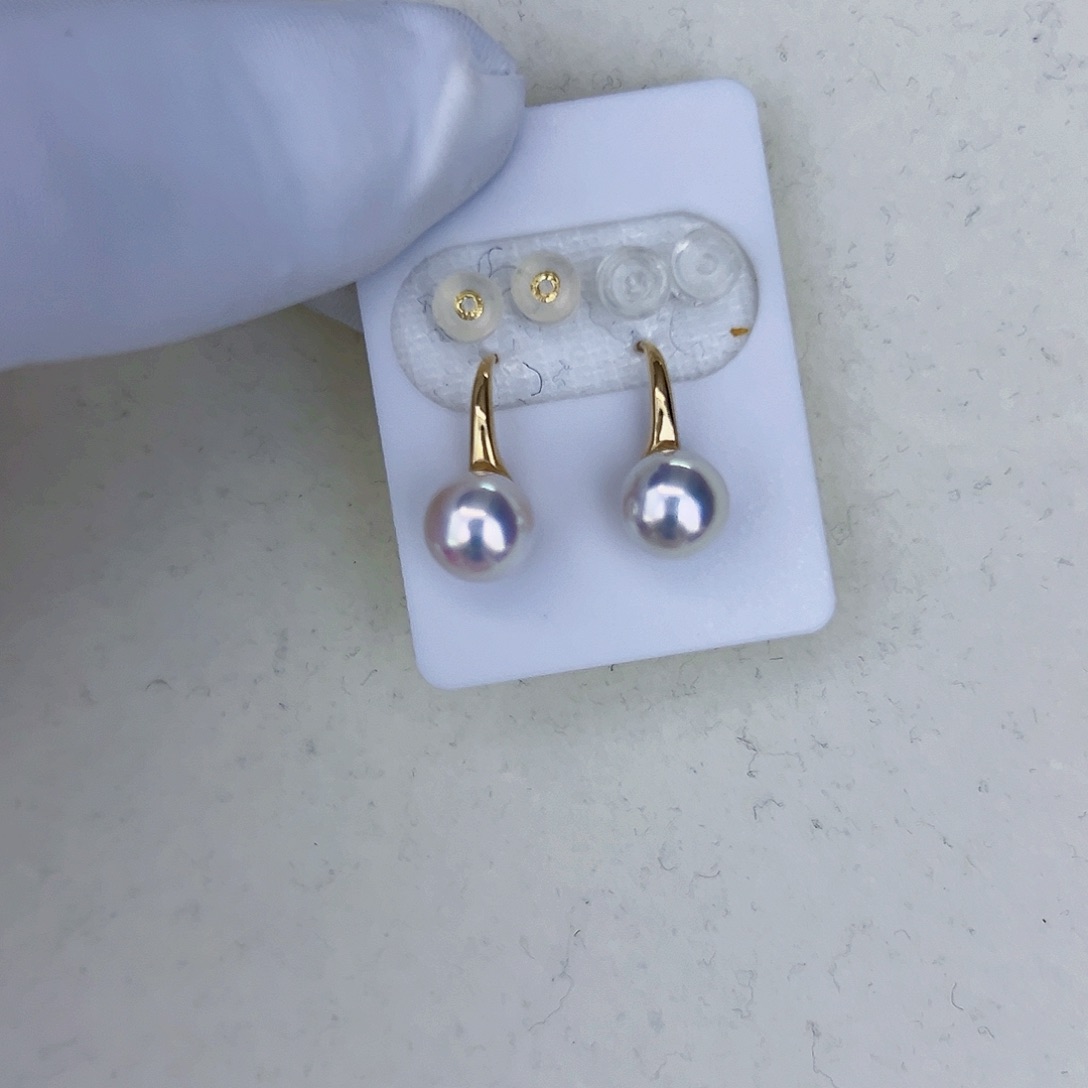 海水珍珠海水akoya高跟鞋耳勾7.5-8mm18K金镶嵌