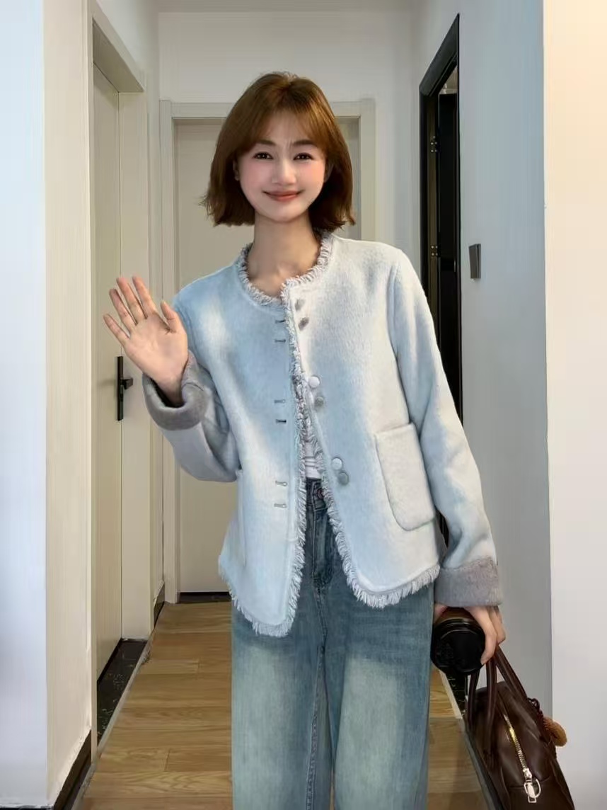 【我是米米呀】双面穿圆领小香风极简风毛呢外套百搭短外套轻奢秋季
