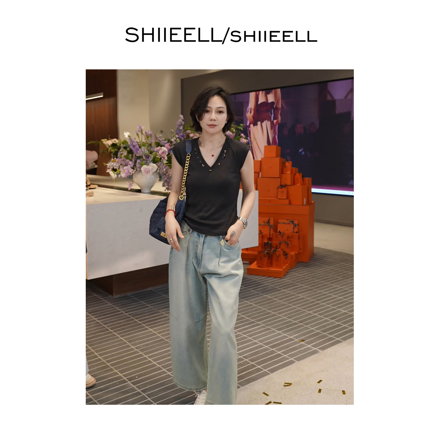 SHIIEELL夏新款订珠棉质V领包袖气质老钱风松弛感修身T恤女Z0207