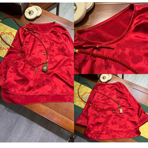 【葫芦】新中式国风真丝灌乐皱重工圆领斜襟长袖复古气质上衣