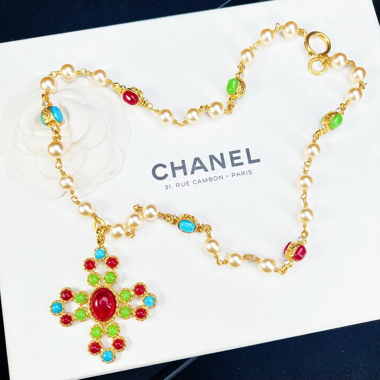 95新 Chanel/香奈儿 柚礼中古/香奈儿十字彩釉琉璃项链cq508026