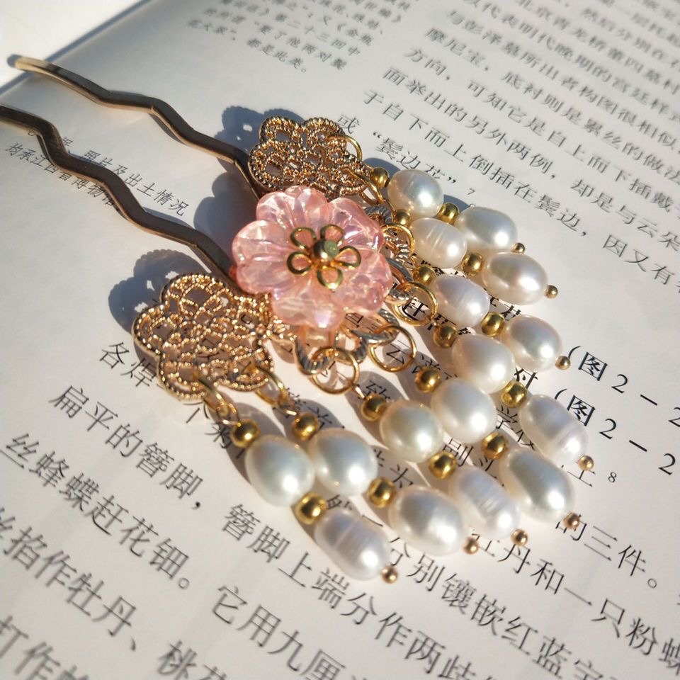 珍珠小簪汉服头饰发钗盘发U型钗流苏发簪古代少女对簪古风发饰