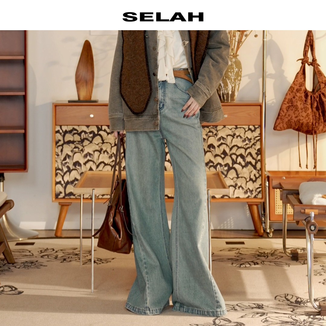 SELAH雯周周 设计师款中高腰阔脚微喇休闲百搭牛仔裤S4Q217019