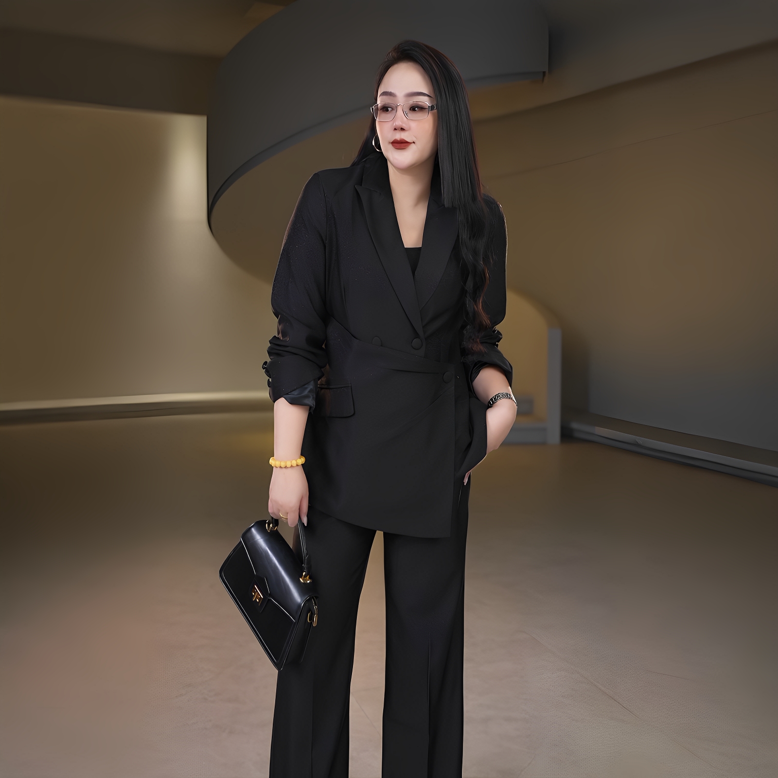 伊馨大码女装2025高级感西装套装不规则职业上衣职业阔腿裤两件套