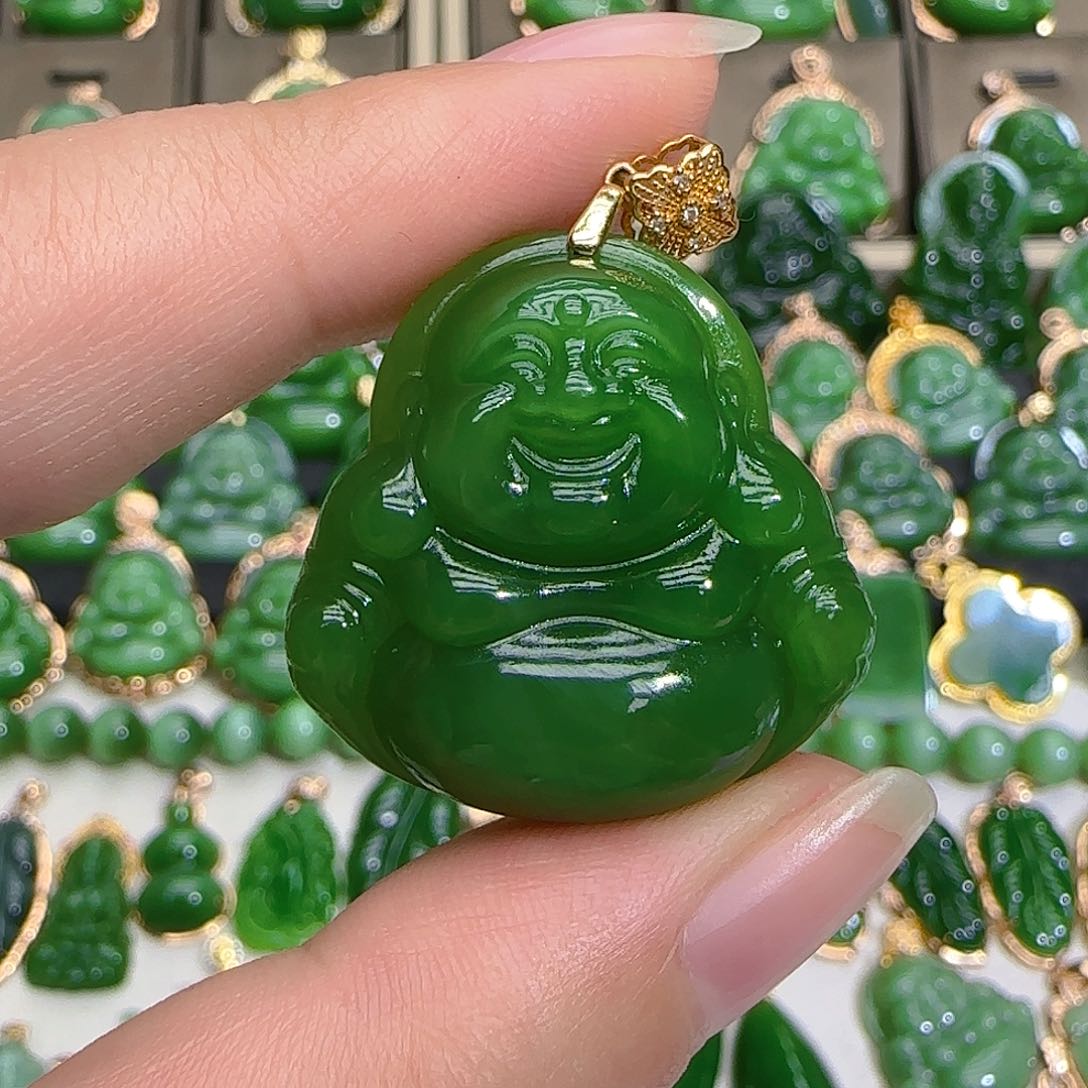 和田玉（碧玉）吊坠(不含链)18K金镶嵌再****人